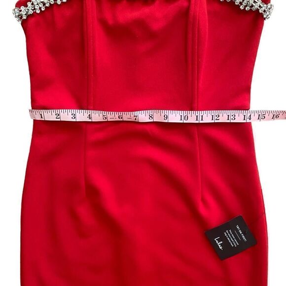 NEW Lulu’s | Feel the Beat Red Rhinestone Strapless Bodycon Mini Dress, Size M - Picture 11 of 15